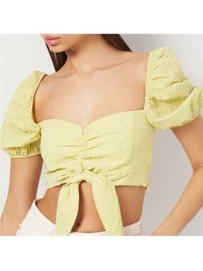 NWT Zara Yellow Green Gingham Puff Sleeve  Crop Top Medium Peasant